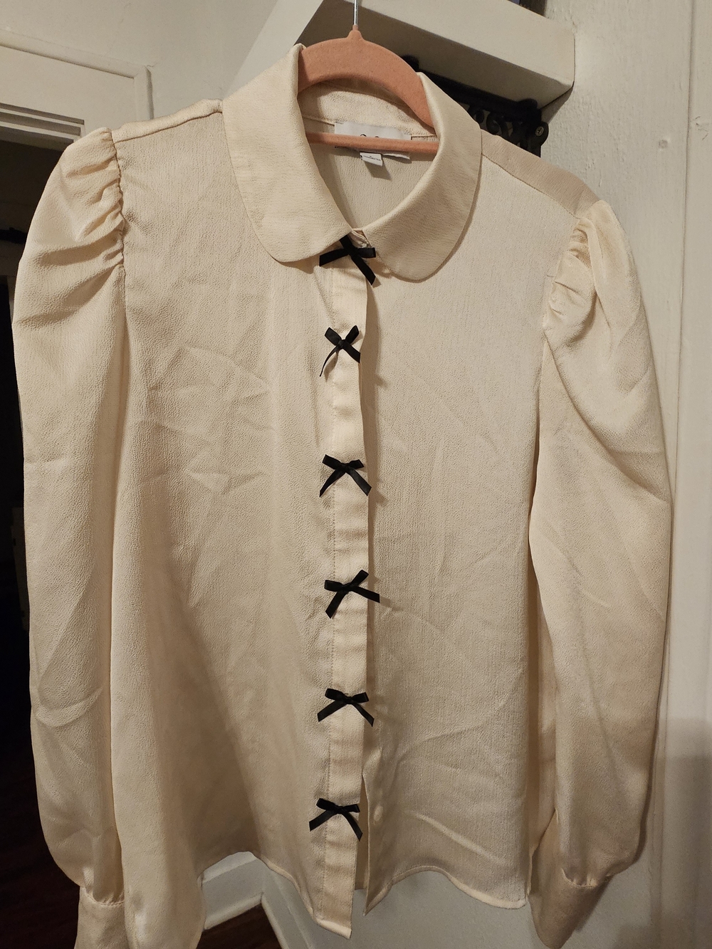 CeCe Cream Button-Down Blouse with Black Ribbon Bows